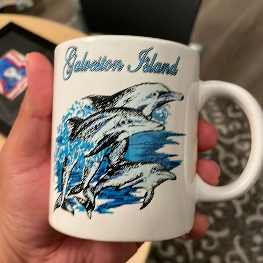 Galveston Island (TX) white ceramic dolphin mug